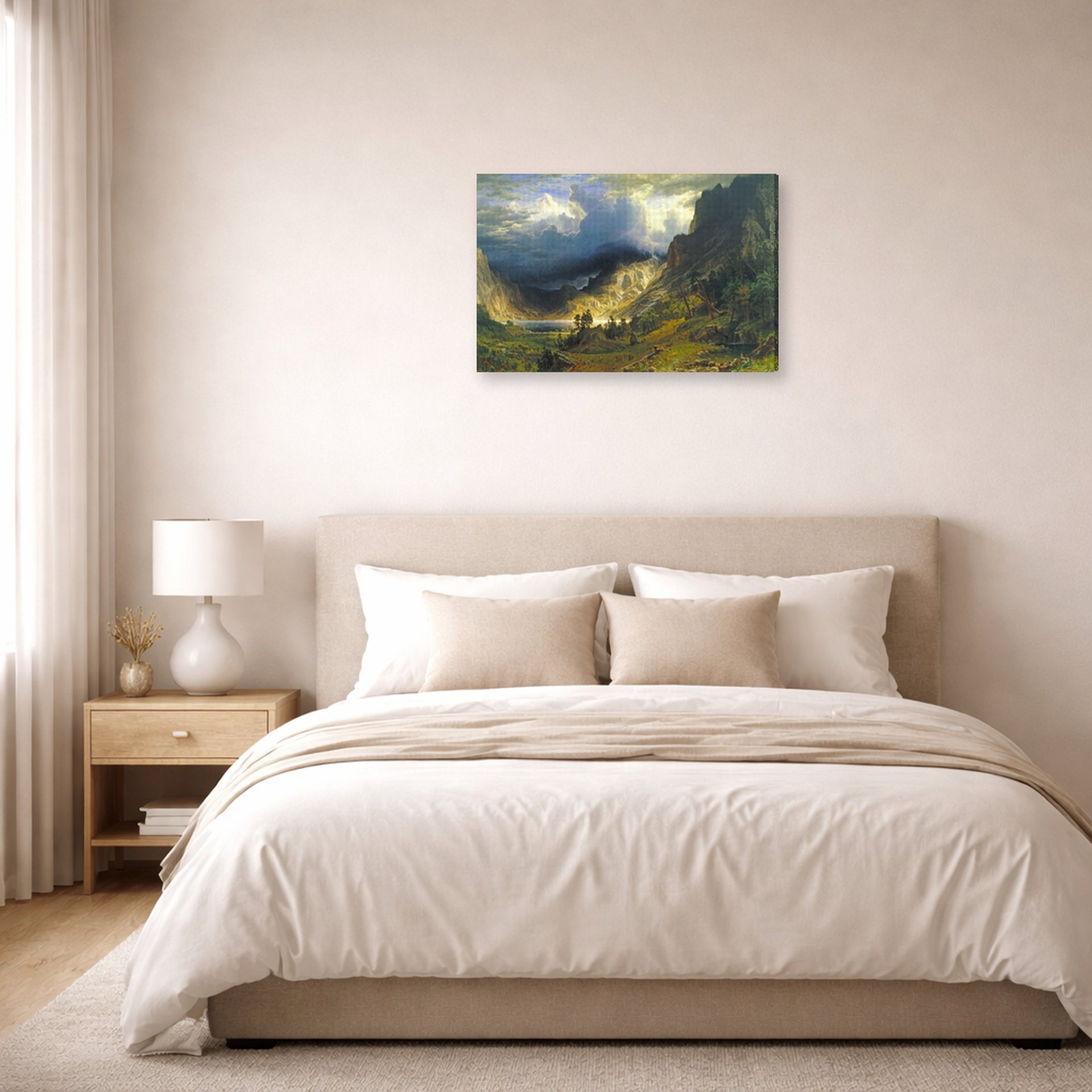 Gallery-wrapped canvas print of Albert Bierstadt's 'A Storm in the Rocky Mountains, Mt. Rosalie' displayed on a wall in a bedroom