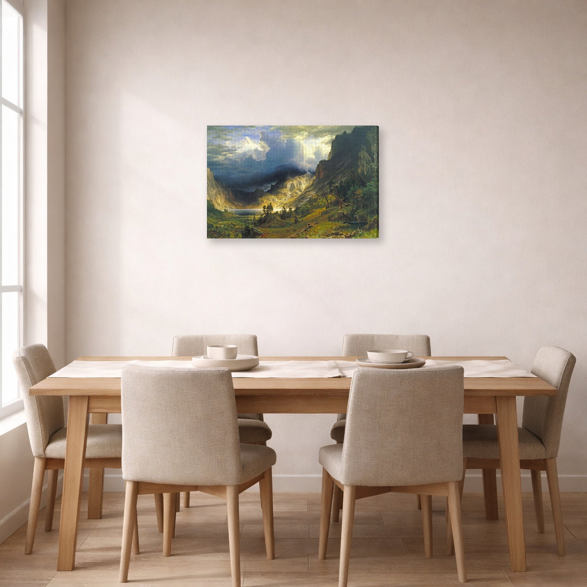 Gallery-wrapped canvas print of Albert Bierstadt's 'A Storm in the Rocky Mountains, Mt. Rosalie' displayed on a wall in a dining room