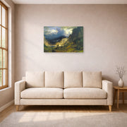 Gallery-wrapped canvas print of Albert Bierstadt's 'A Storm in the Rocky Mountains, Mt. Rosalie' displayed on a wall in a living room