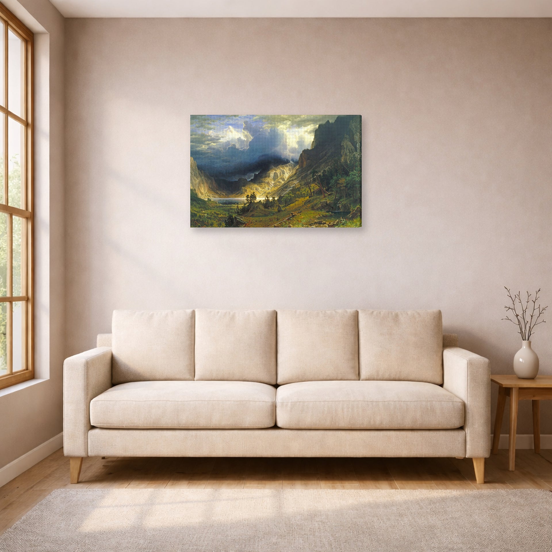 Gallery-wrapped canvas print of Albert Bierstadt's 'A Storm in the Rocky Mountains, Mt. Rosalie' displayed on a wall in a living room