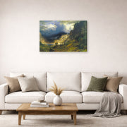 Gallery-wrapped canvas print of Albert Bierstadt's 'A Storm in the Rocky Mountains, Mt. Rosalie' displayed on a wall in a living room