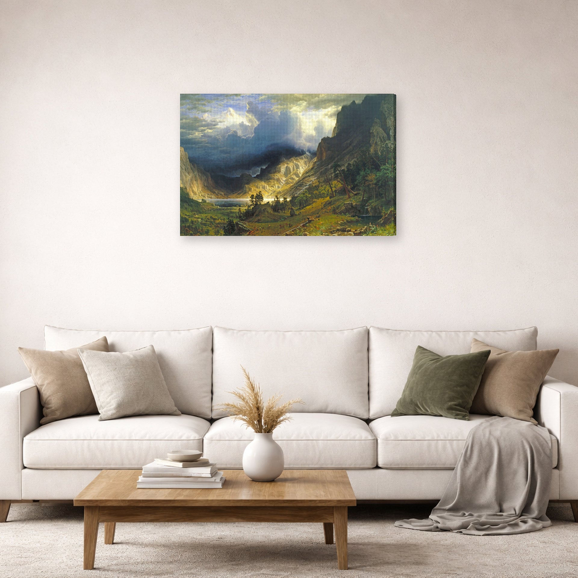 Gallery-wrapped canvas print of Albert Bierstadt's 'A Storm in the Rocky Mountains, Mt. Rosalie' displayed on a wall in a living room