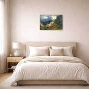 Unframed poster print of Albert Bierstadt's 'A Storm in the Rocky Mountains, Mt. Rosalie' displayed on a wall in a bedroom