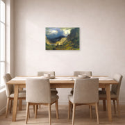Unframed poster print of Albert Bierstadt's 'A Storm in the Rocky Mountains, Mt. Rosalie' displayed on a wall in a dining room