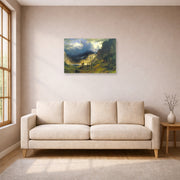Unframed poster print of Albert Bierstadt's 'A Storm in the Rocky Mountains, Mt. Rosalie' displayed on a wall in a living room