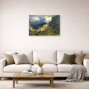 Unframed poster print of Albert Bierstadt's 'A Storm in the Rocky Mountains, Mt. Rosalie' displayed on a wall in a living room