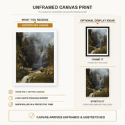 Albert Bierstadt - A Western Waterfall canvas print size comparison and framing display infographic