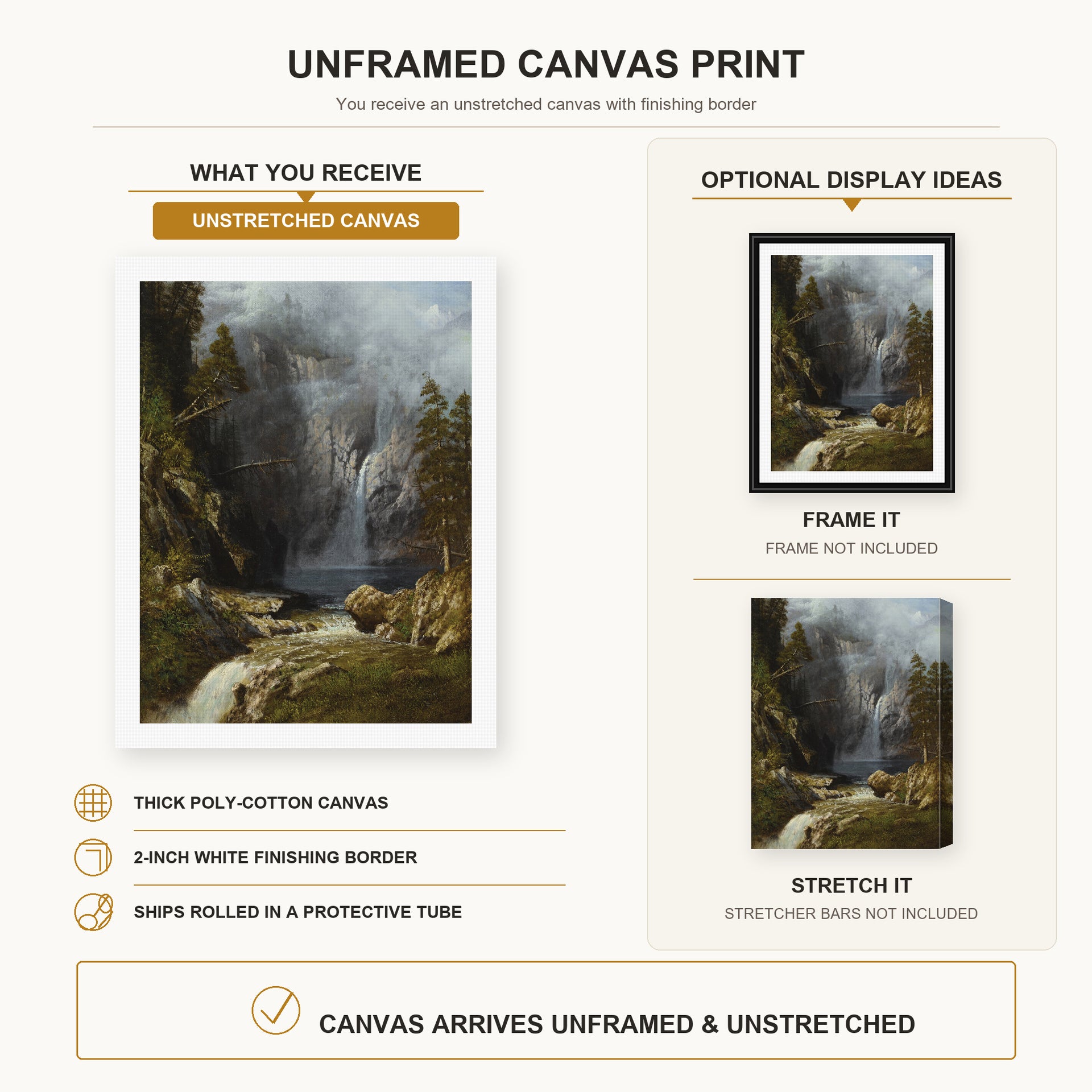 Albert Bierstadt - A Western Waterfall canvas print size comparison and framing display infographic