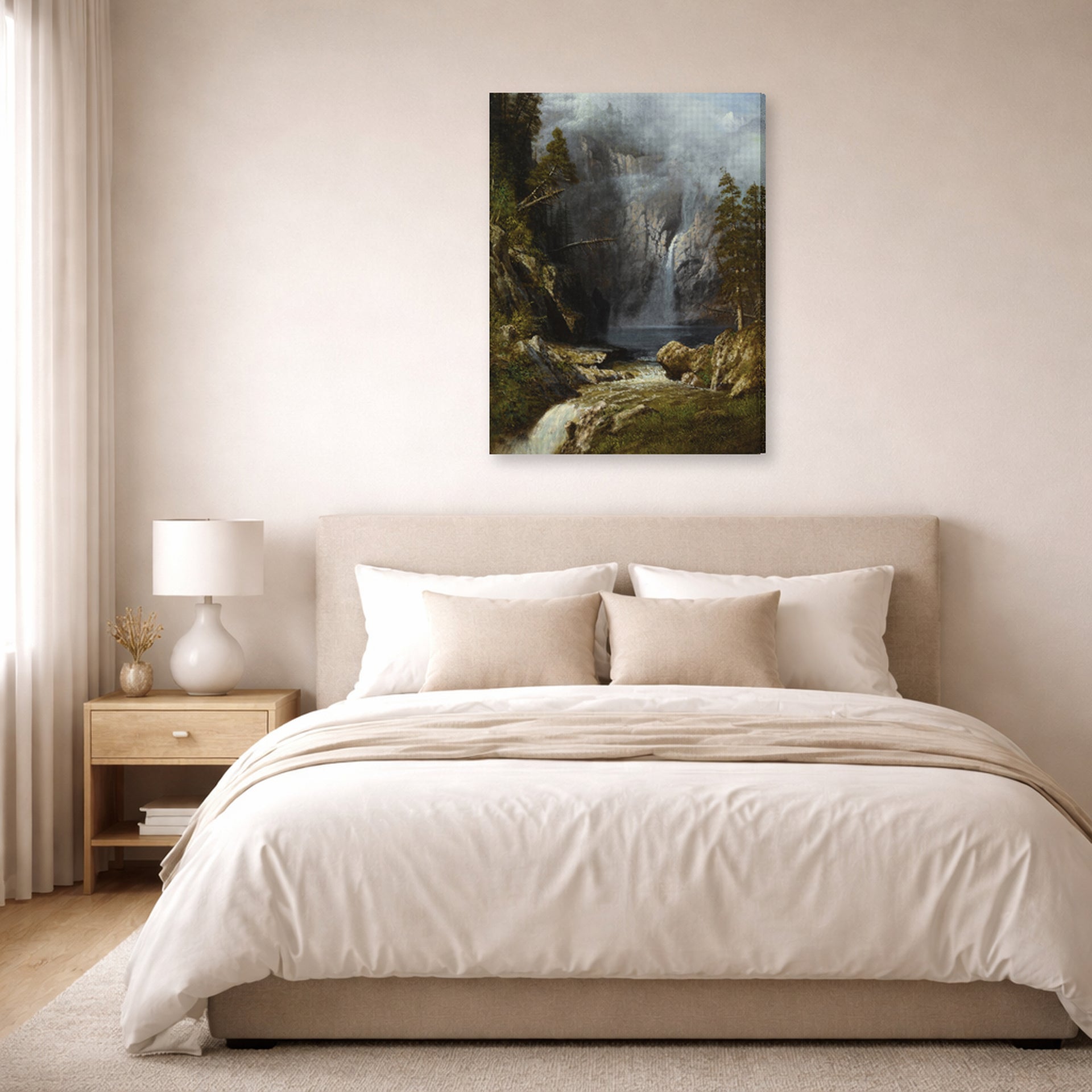 Gallery-wrapped canvas print of Albert Bierstadt's 'A Western Waterfall' displayed on a wall in a bedroom