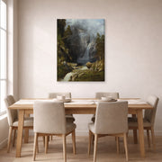 Gallery-wrapped canvas print of Albert Bierstadt's 'A Western Waterfall' displayed on a wall in a dining room