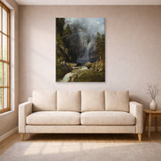 Gallery-wrapped canvas print of Albert Bierstadt's 'A Western Waterfall' displayed on a wall in a living room