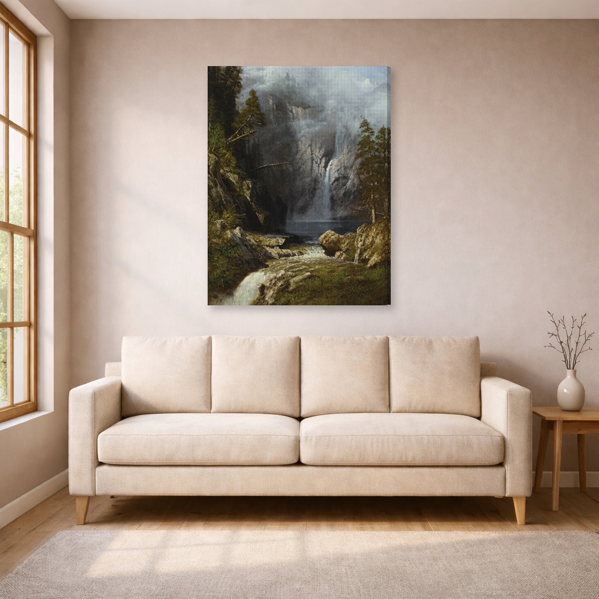 Gallery-wrapped canvas print of Albert Bierstadt's 'A Western Waterfall' displayed on a wall in a living room