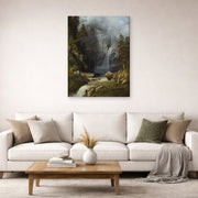 Gallery-wrapped canvas print of Albert Bierstadt's 'A Western Waterfall' displayed on a wall in a living room