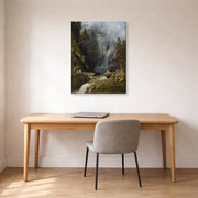 Gallery-wrapped canvas print of Albert Bierstadt's 'A Western Waterfall' displayed on a wall in a office