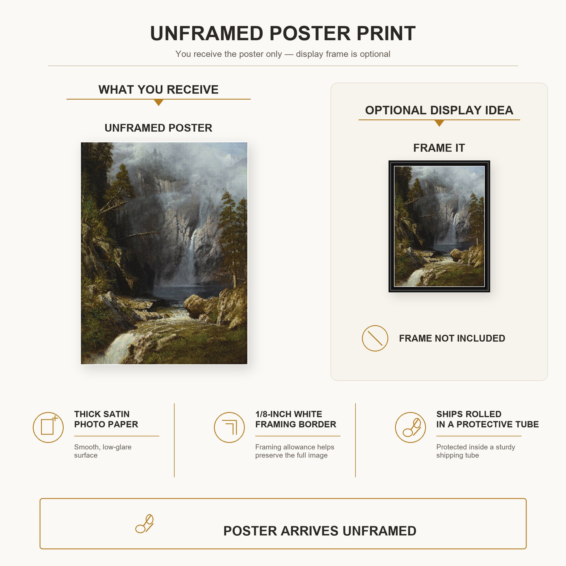Albert Bierstadt - A Western Waterfall poster print size comparison and framing display infographic