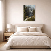 Unframed poster print of Albert Bierstadt's 'A Western Waterfall' displayed on a wall in a bedroom