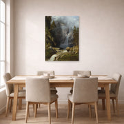 Unframed poster print of Albert Bierstadt's 'A Western Waterfall' displayed on a wall in a dining room