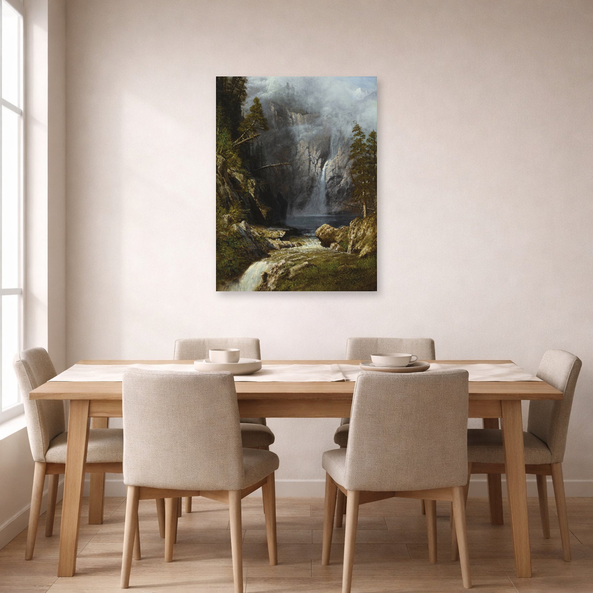 Unframed poster print of Albert Bierstadt's 'A Western Waterfall' displayed on a wall in a dining room