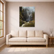 Unframed poster print of Albert Bierstadt's 'A Western Waterfall' displayed on a wall in a living room