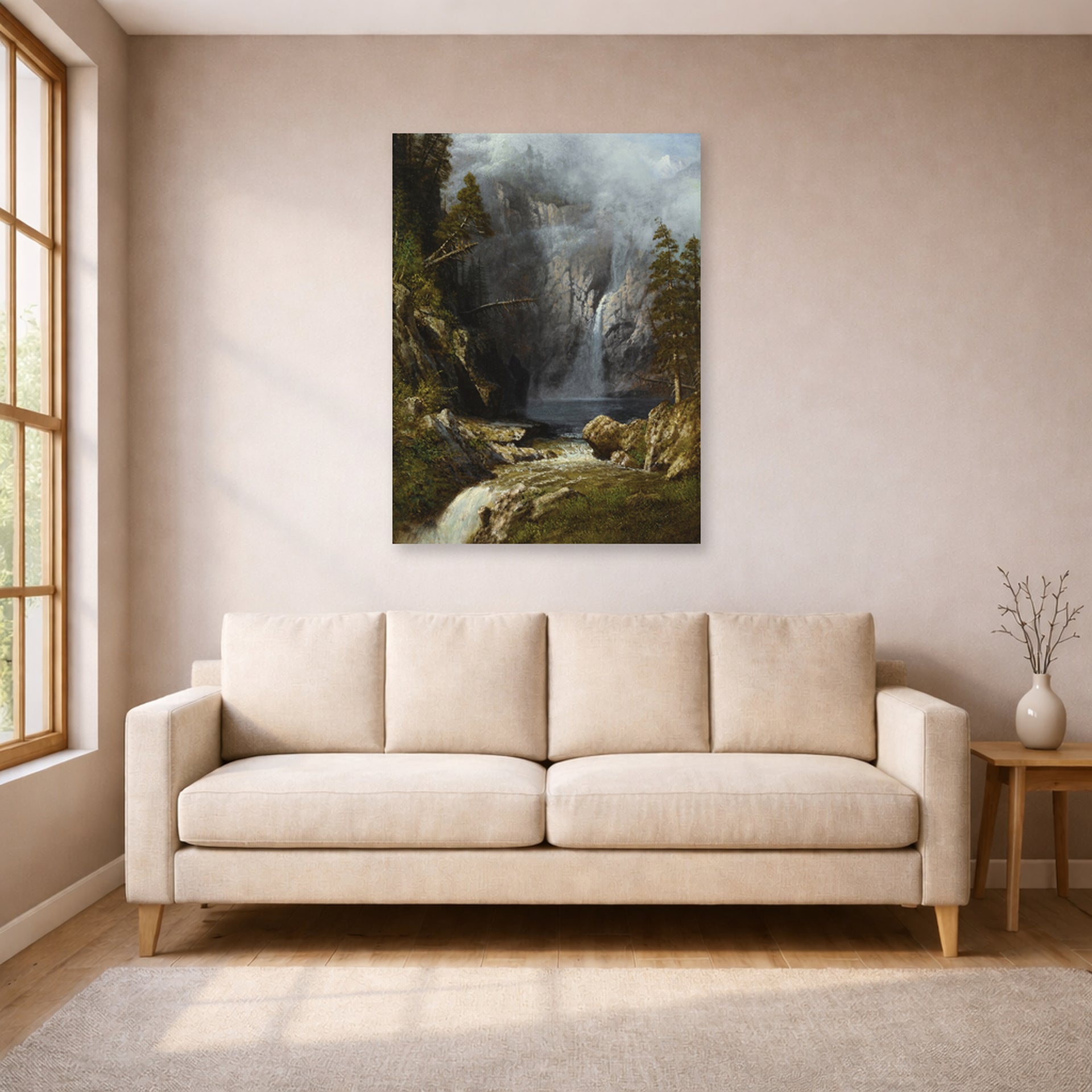 Unframed poster print of Albert Bierstadt's 'A Western Waterfall' displayed on a wall in a living room