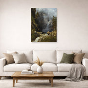 Unframed poster print of Albert Bierstadt's 'A Western Waterfall' displayed on a wall in a living room