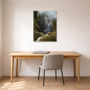 Unframed poster print of Albert Bierstadt's 'A Western Waterfall' displayed on a wall in a office