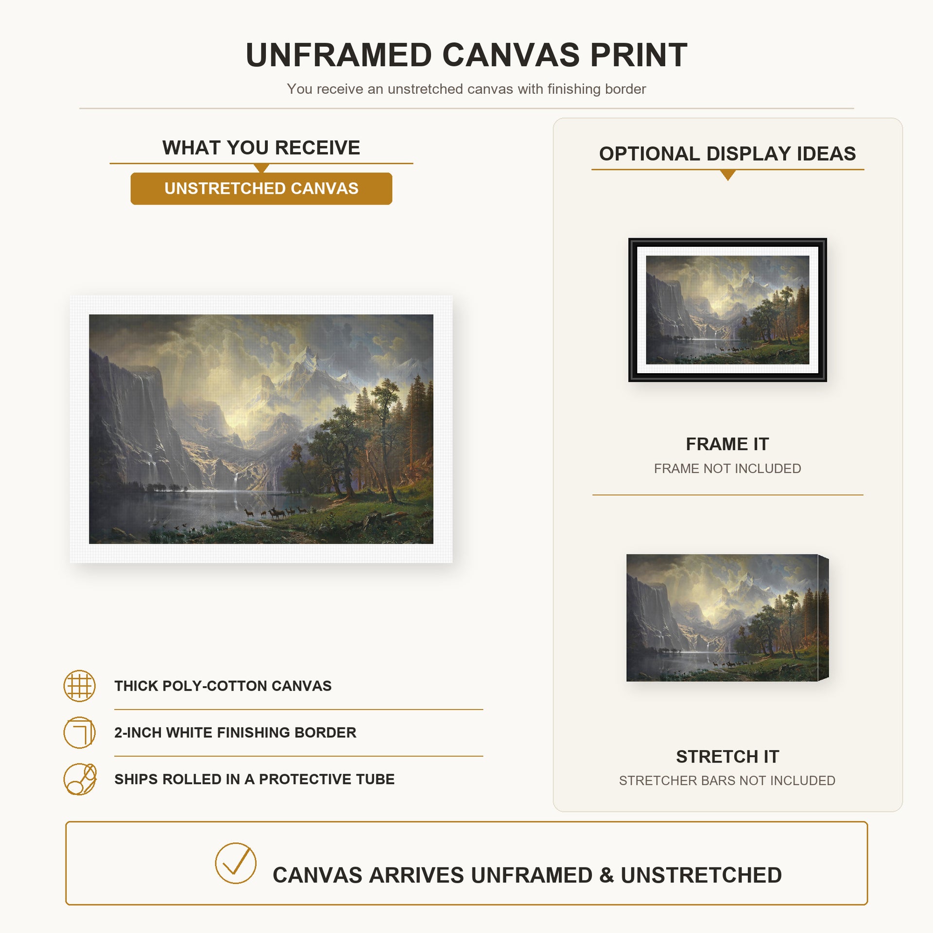 Albert Bierstadt - Among The Sierra Nevada Mountains canvas print size comparison and framing display infographic