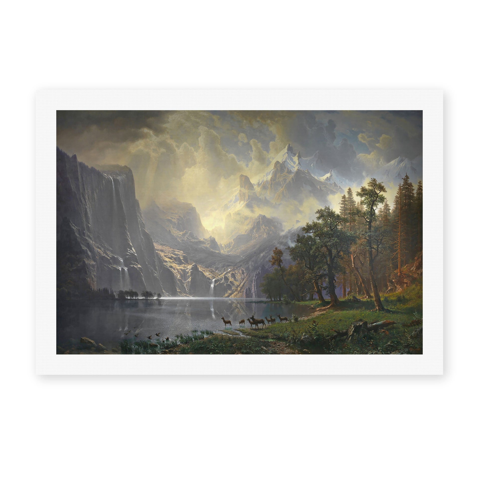 Albert Bierstadt's 'Among The Sierra Nevada Mountains' painting reproduced as a rolled canvas print