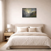 Gallery-wrapped canvas print of Albert Bierstadt's 'Among The Sierra Nevada Mountains' displayed on a wall in a bedroom