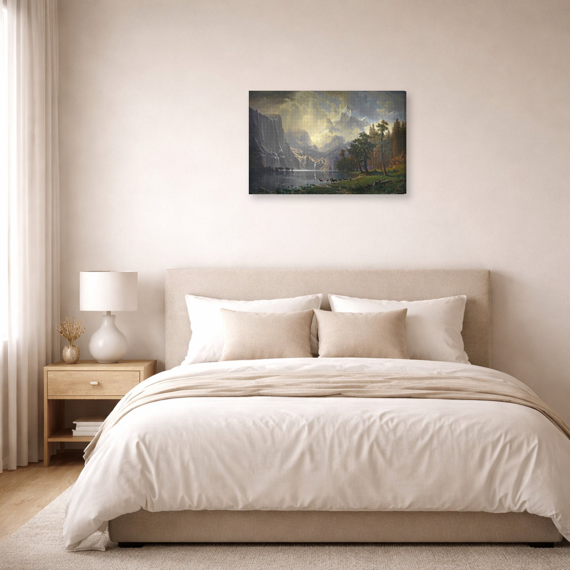 Gallery-wrapped canvas print of Albert Bierstadt's 'Among The Sierra Nevada Mountains' displayed on a wall in a bedroom