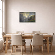 Gallery-wrapped canvas print of Albert Bierstadt's 'Among The Sierra Nevada Mountains' displayed on a wall in a dining room