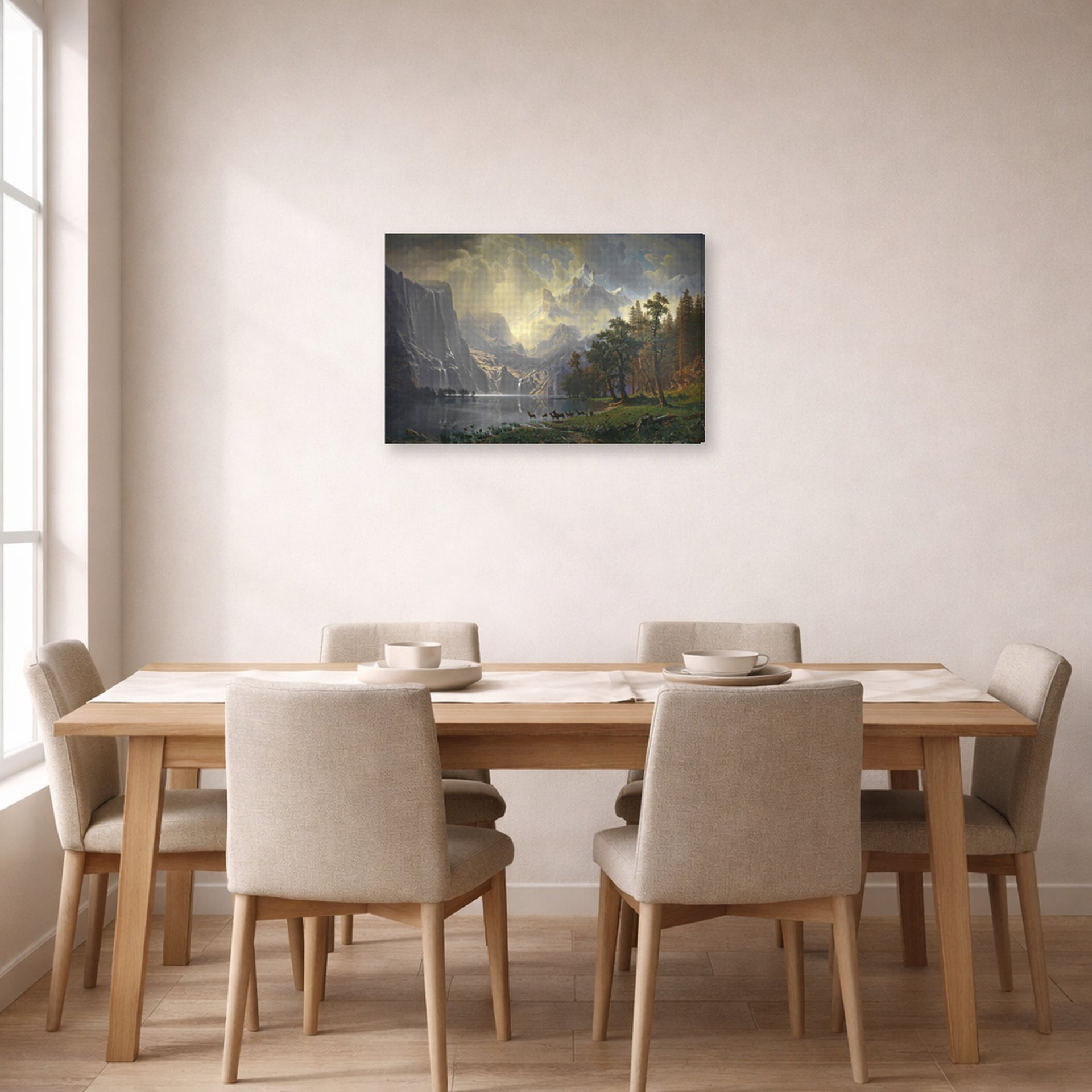 Gallery-wrapped canvas print of Albert Bierstadt's 'Among The Sierra Nevada Mountains' displayed on a wall in a dining room