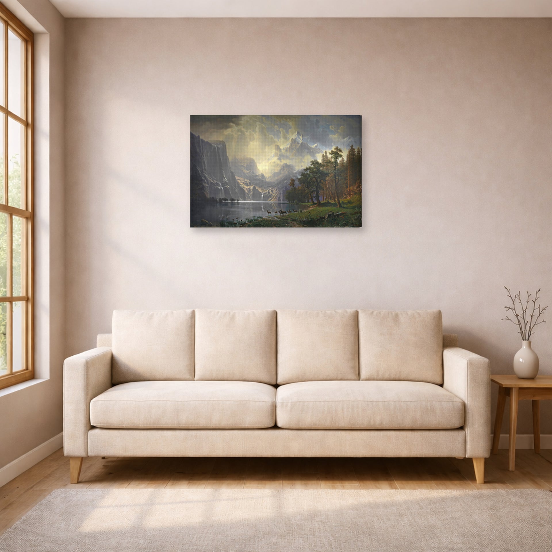 Gallery-wrapped canvas print of Albert Bierstadt's 'Among The Sierra Nevada Mountains' displayed on a wall in a living room