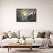 Gallery-wrapped canvas print of Albert Bierstadt's 'Among The Sierra Nevada Mountains' displayed on a wall in a living room