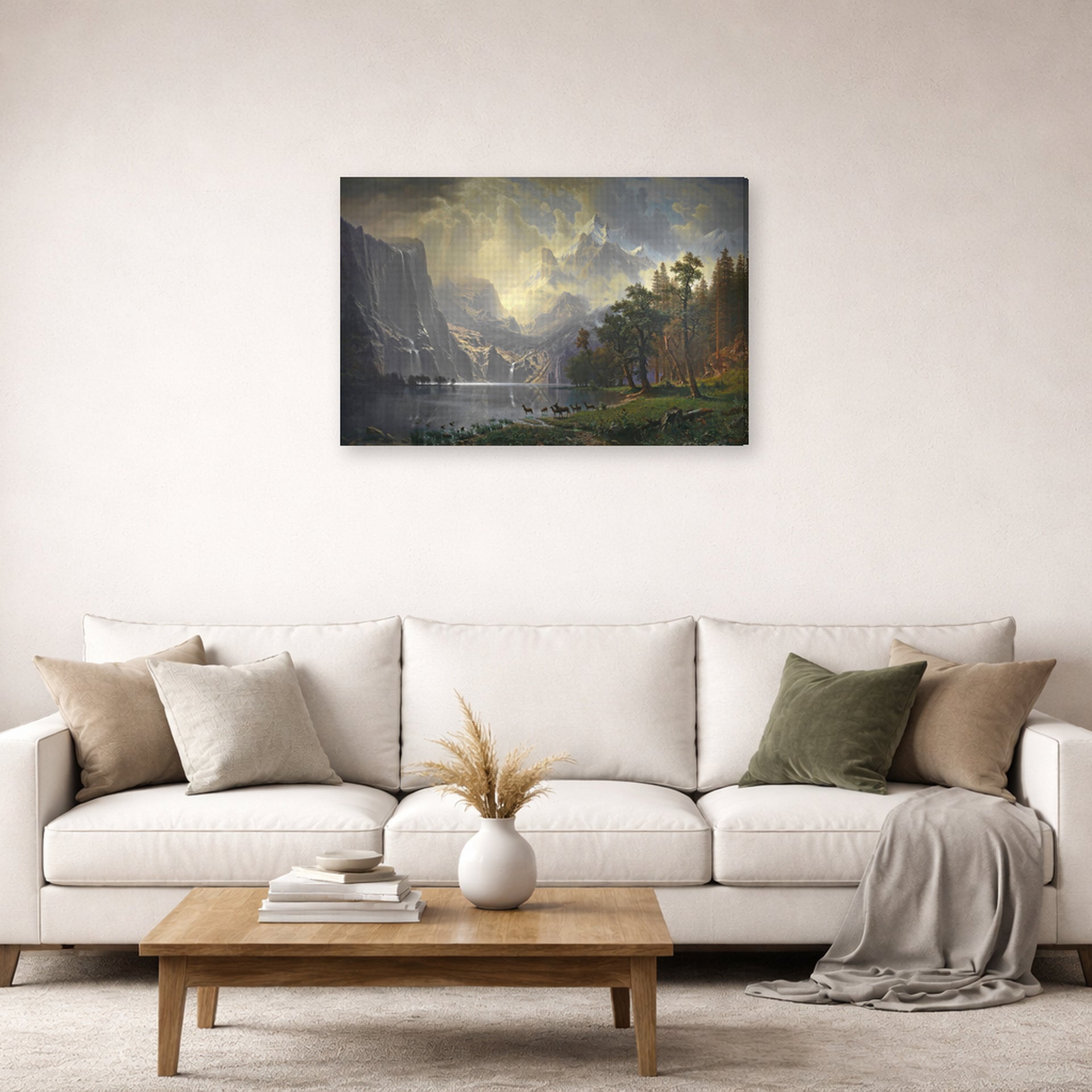 Gallery-wrapped canvas print of Albert Bierstadt's 'Among The Sierra Nevada Mountains' displayed on a wall in a living room