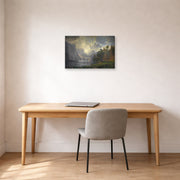 Gallery-wrapped canvas print of Albert Bierstadt's 'Among The Sierra Nevada Mountains' displayed on a wall in a office
