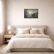 Unframed poster print of Albert Bierstadt's 'Among The Sierra Nevada Mountains' displayed on a wall in a bedroom