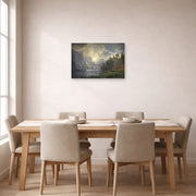 Unframed poster print of Albert Bierstadt's 'Among The Sierra Nevada Mountains' displayed on a wall in a dining room