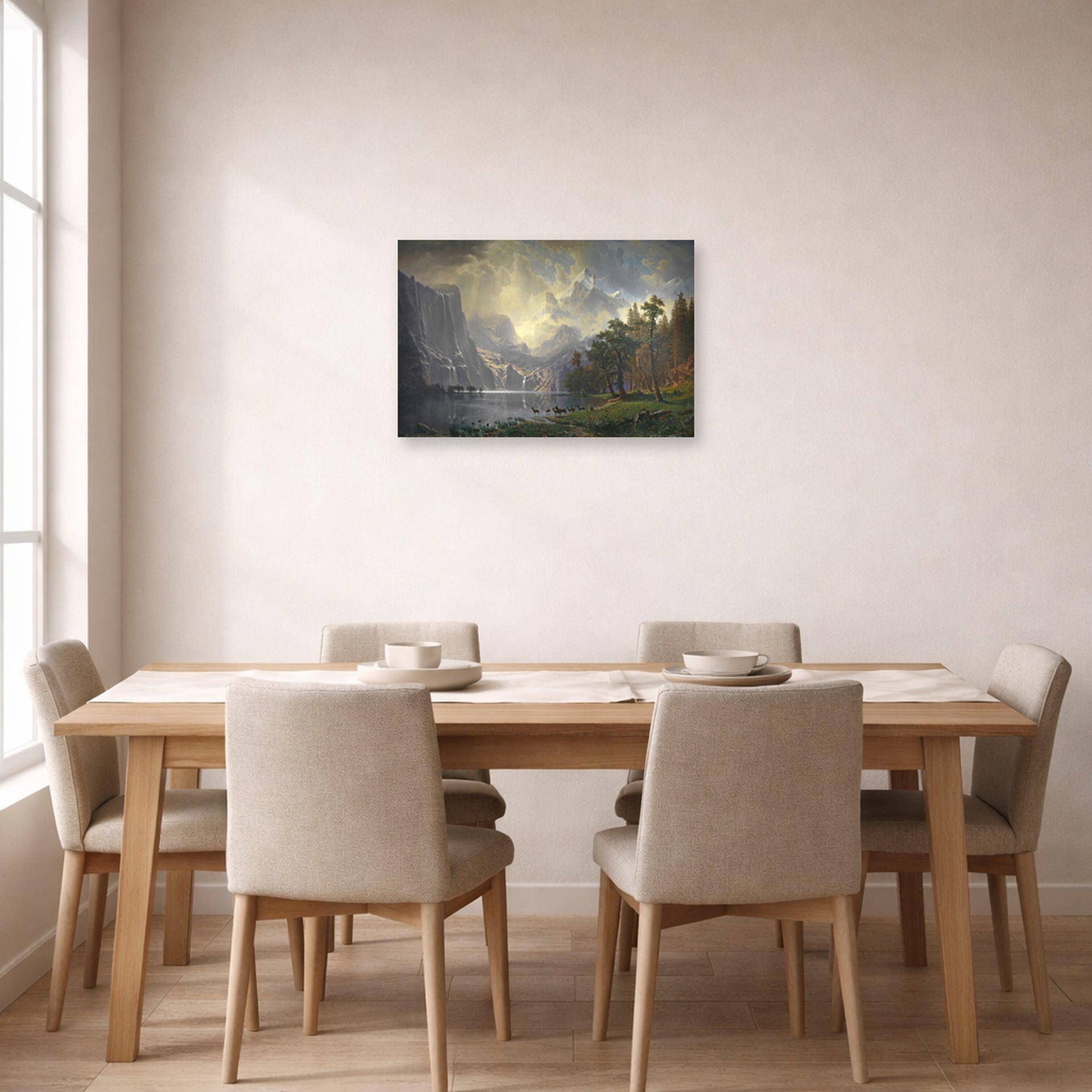 Unframed poster print of Albert Bierstadt's 'Among The Sierra Nevada Mountains' displayed on a wall in a dining room