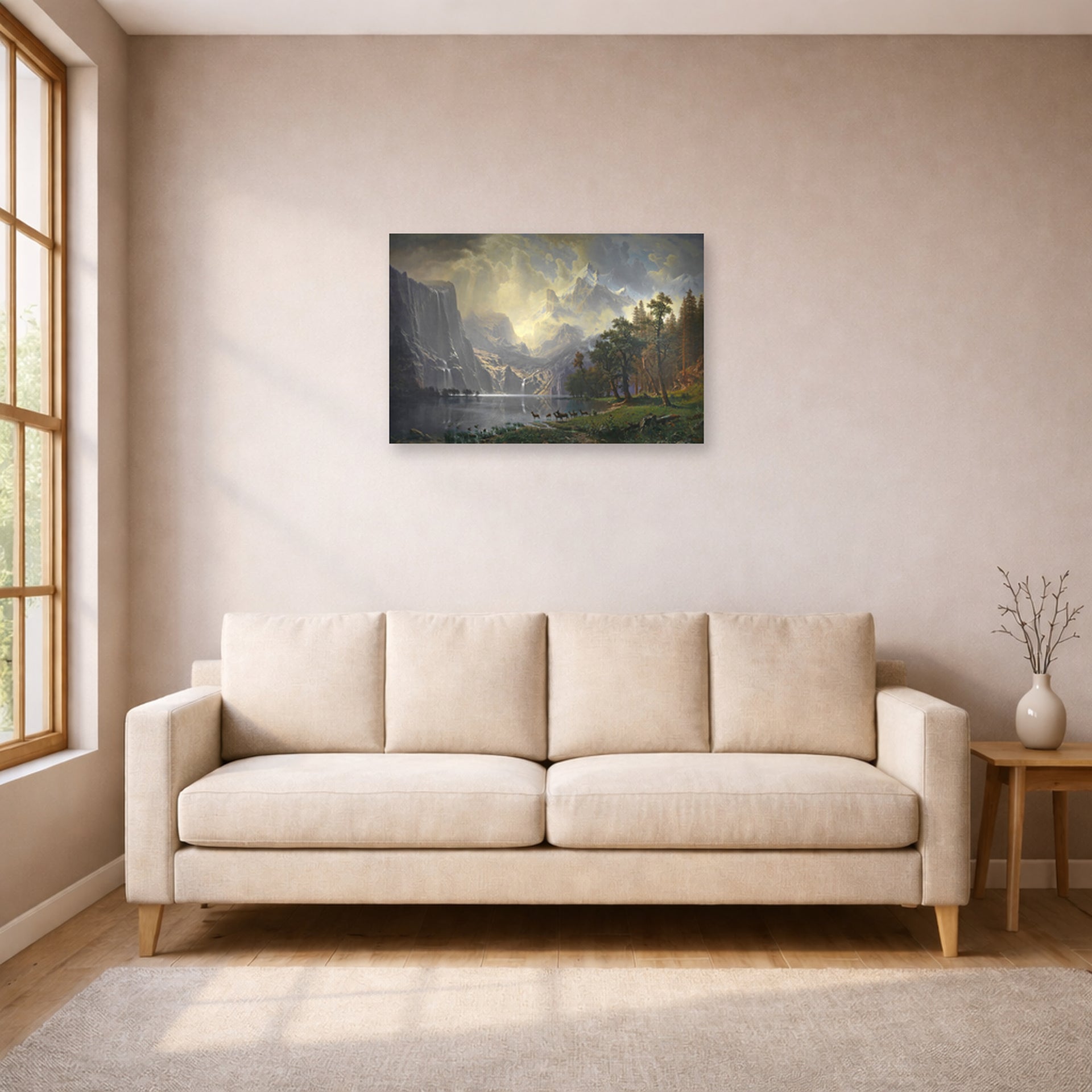 Unframed poster print of Albert Bierstadt's 'Among The Sierra Nevada Mountains' displayed on a wall in a living room