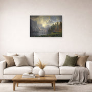 Unframed poster print of Albert Bierstadt's 'Among The Sierra Nevada Mountains' displayed on a wall in a living room
