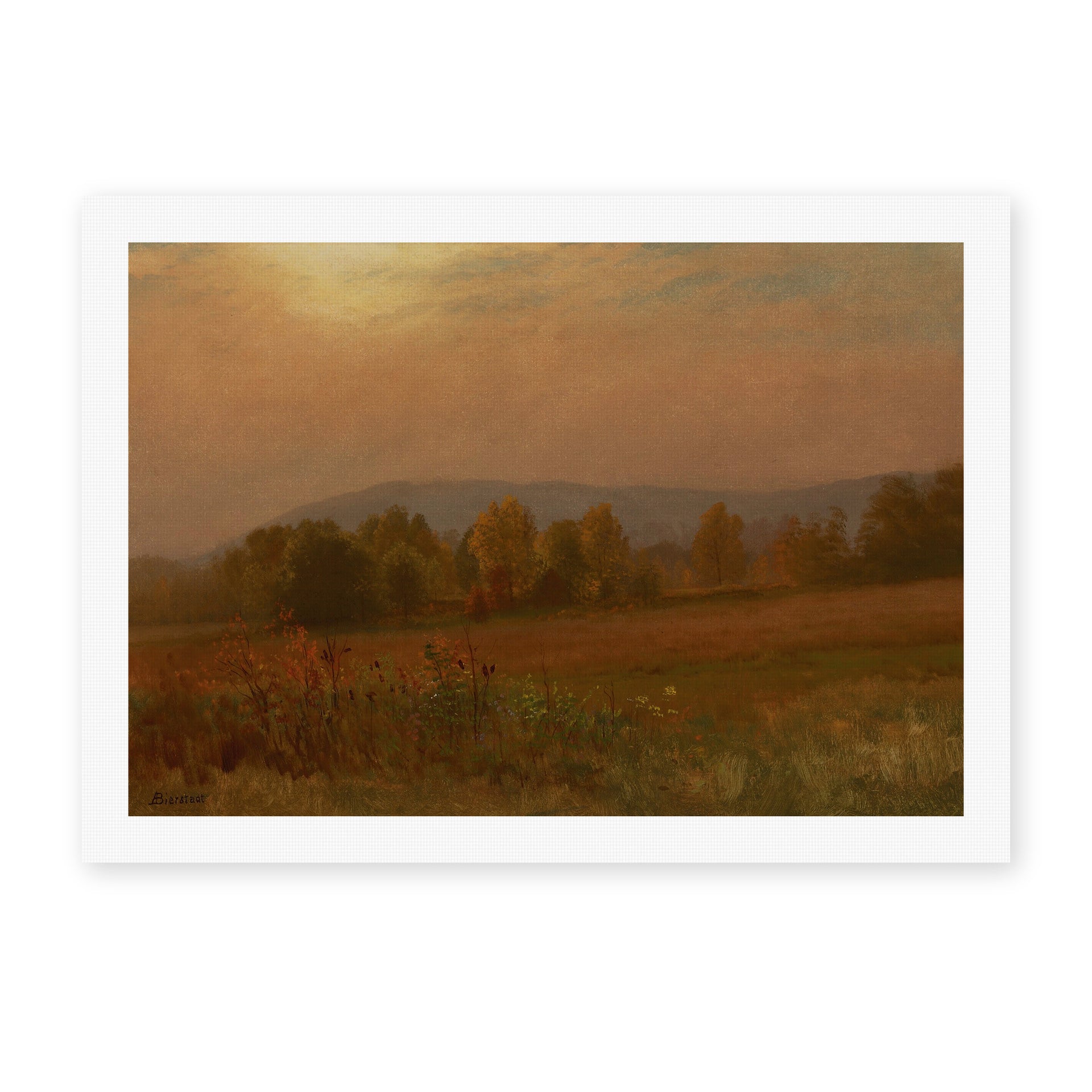 Albert Bierstadt's 'Autumn Landscape, New England' painting reproduced as a rolled canvas print