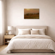 Gallery-wrapped canvas print of Albert Bierstadt's 'Autumn Landscape, New England' displayed on a wall in a bedroom