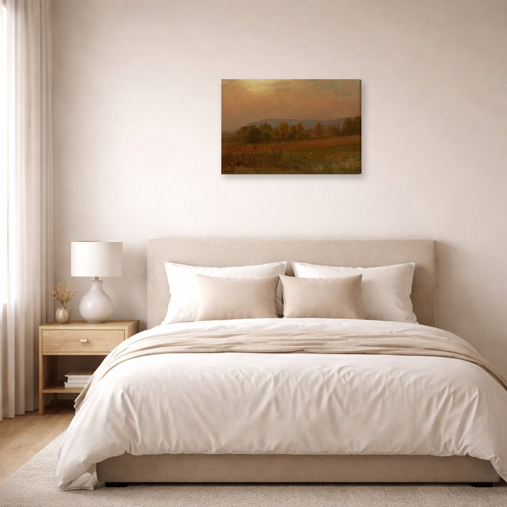 Gallery-wrapped canvas print of Albert Bierstadt's 'Autumn Landscape, New England' displayed on a wall in a bedroom