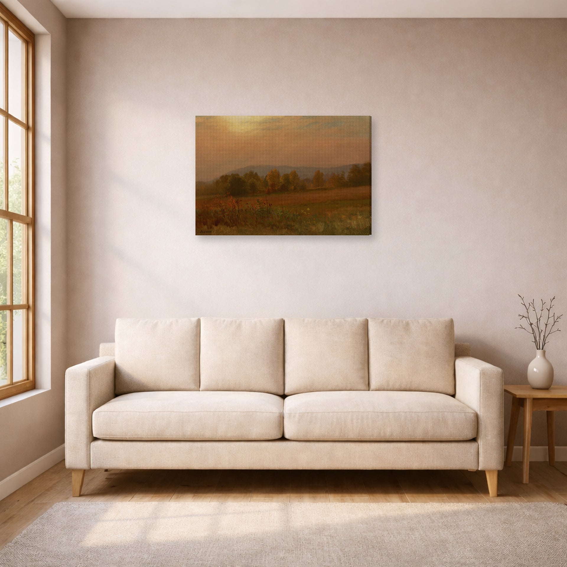 Gallery-wrapped canvas print of Albert Bierstadt's 'Autumn Landscape, New England' displayed on a wall in a living room