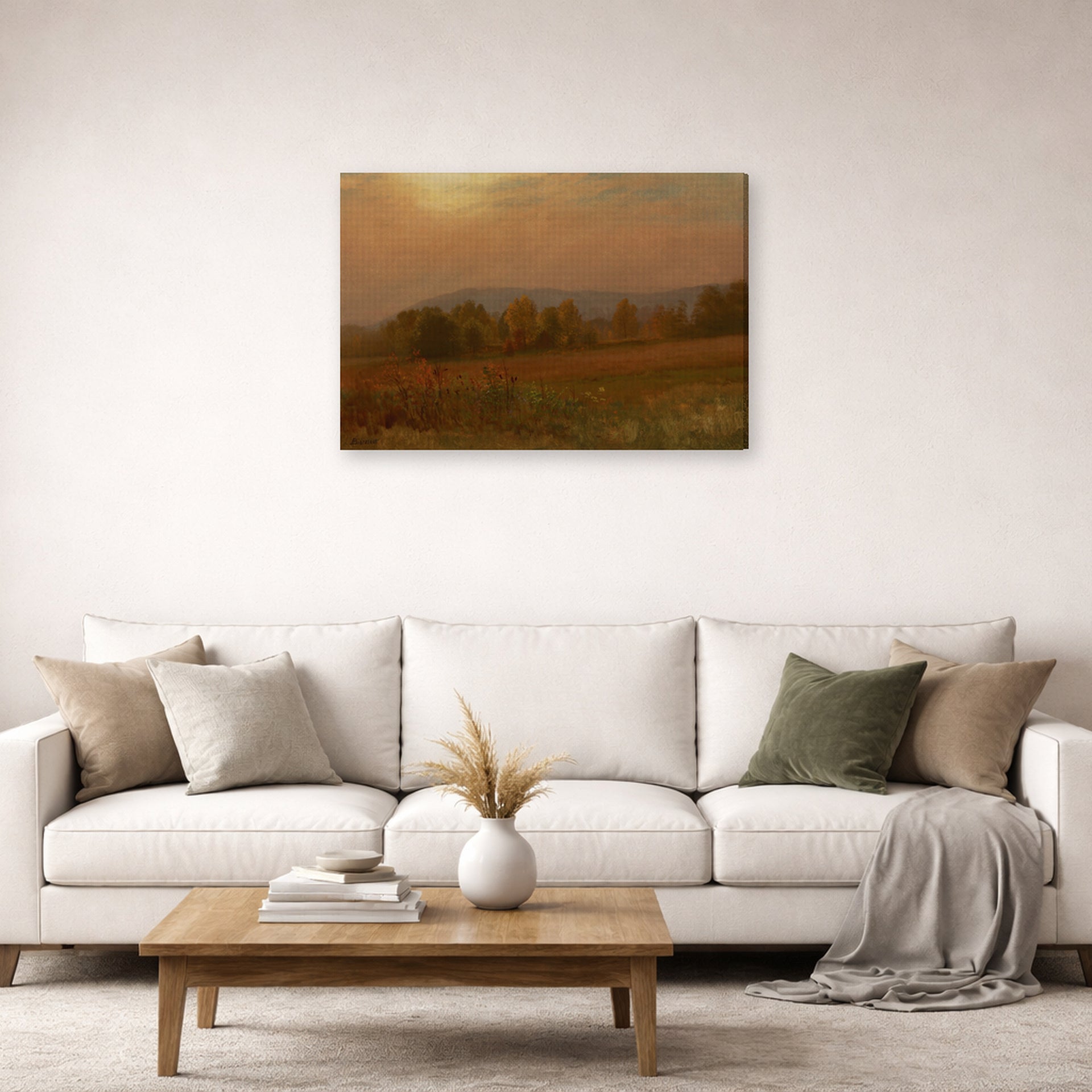 Gallery-wrapped canvas print of Albert Bierstadt's 'Autumn Landscape, New England' displayed on a wall in a living room