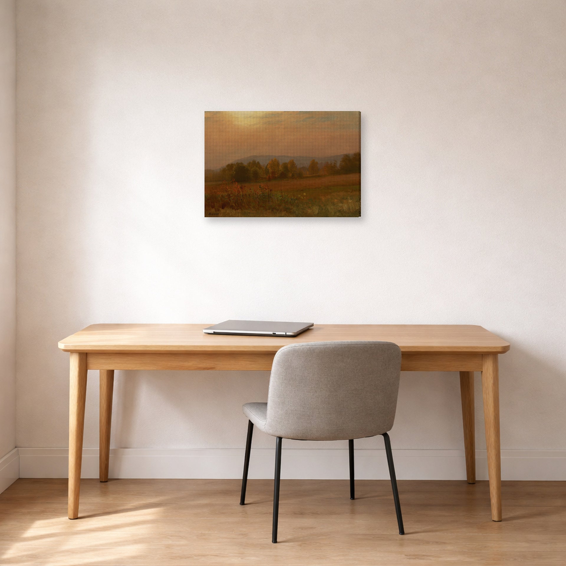 Gallery-wrapped canvas print of Albert Bierstadt's 'Autumn Landscape, New England' displayed on a wall in a office