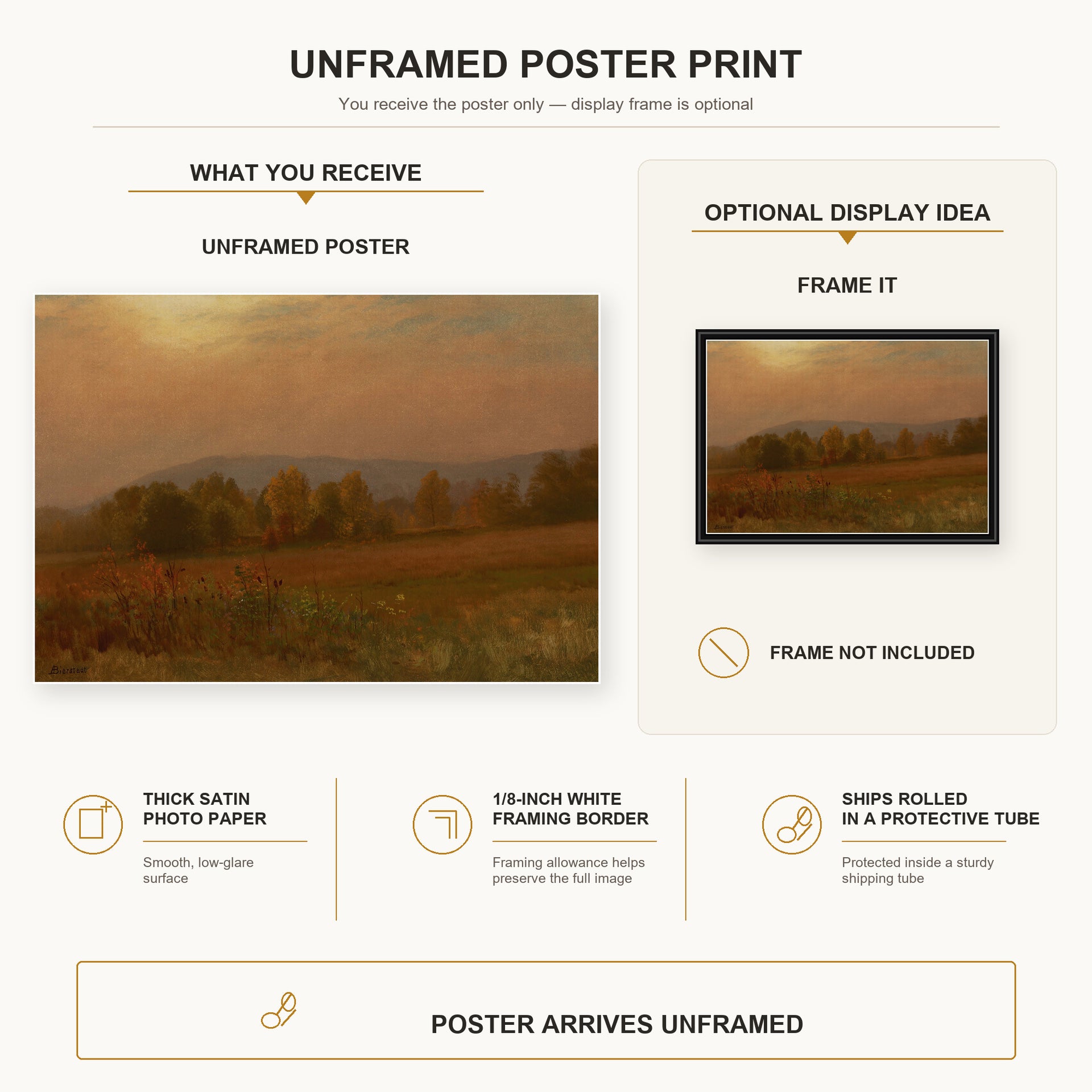 Albert Bierstadt - Autumn Landscape, New England poster print size comparison and framing display infographic