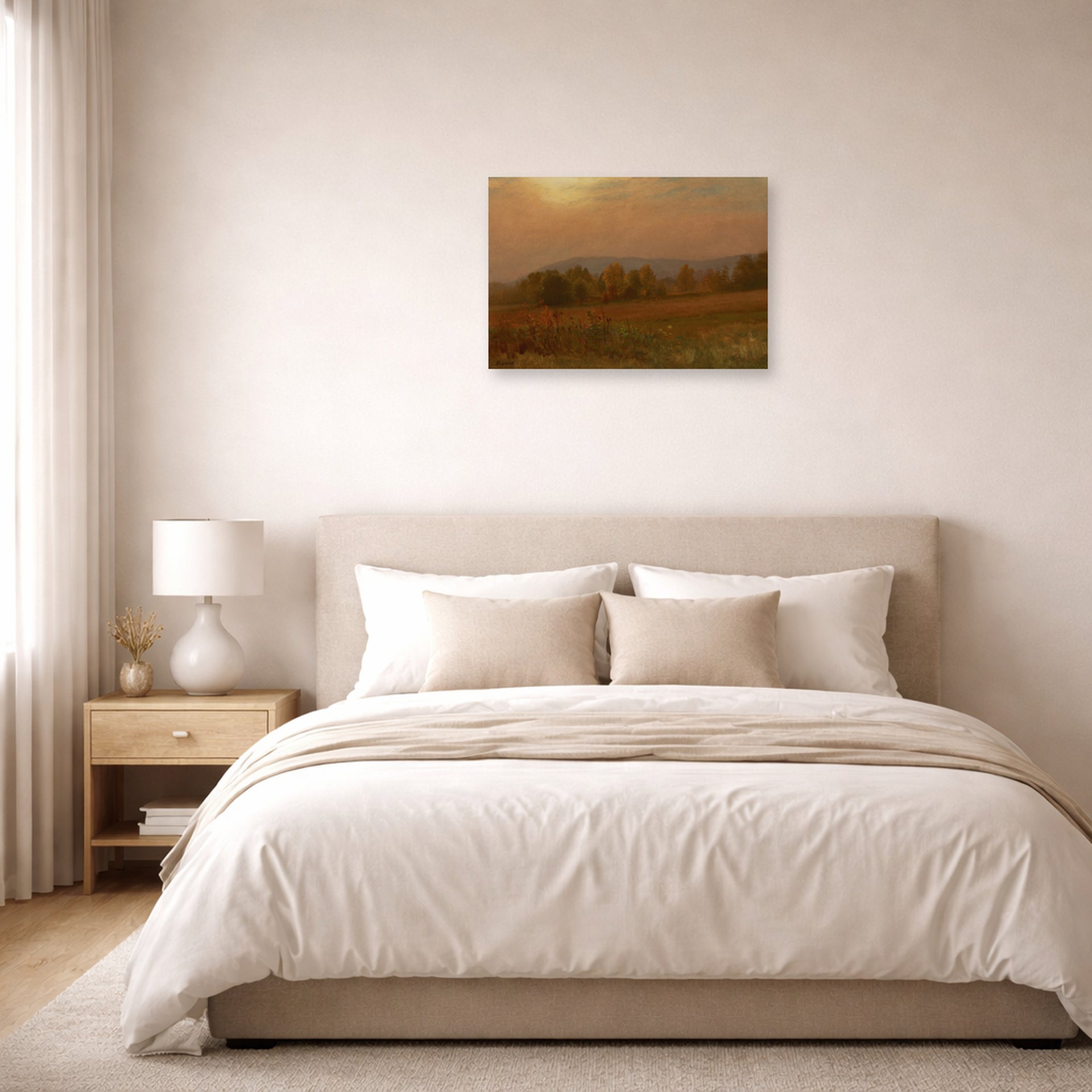 Unframed poster print of Albert Bierstadt's 'Autumn Landscape, New England' displayed on a wall in a bedroom