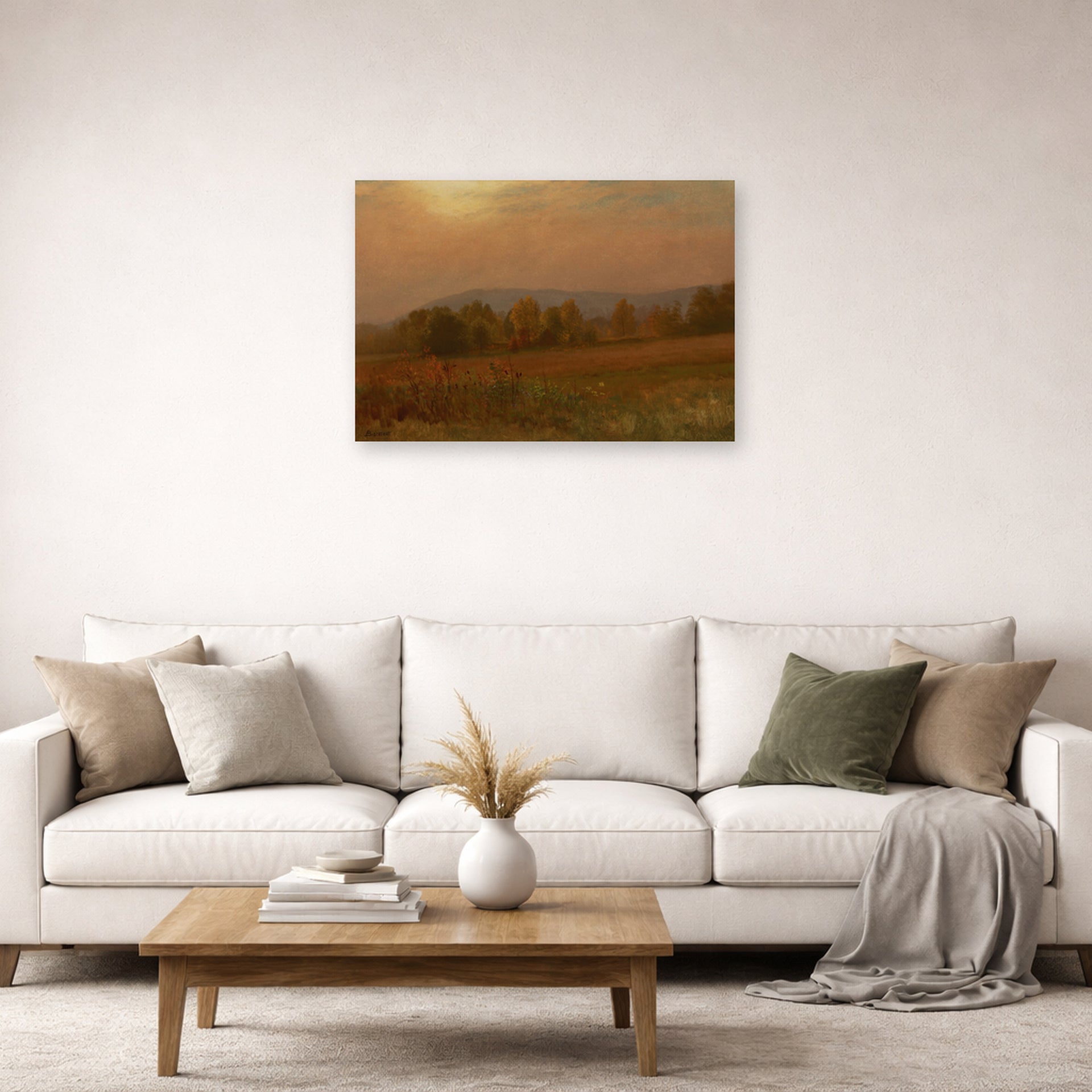 Unframed poster print of Albert Bierstadt's 'Autumn Landscape, New England' displayed on a wall in a living room